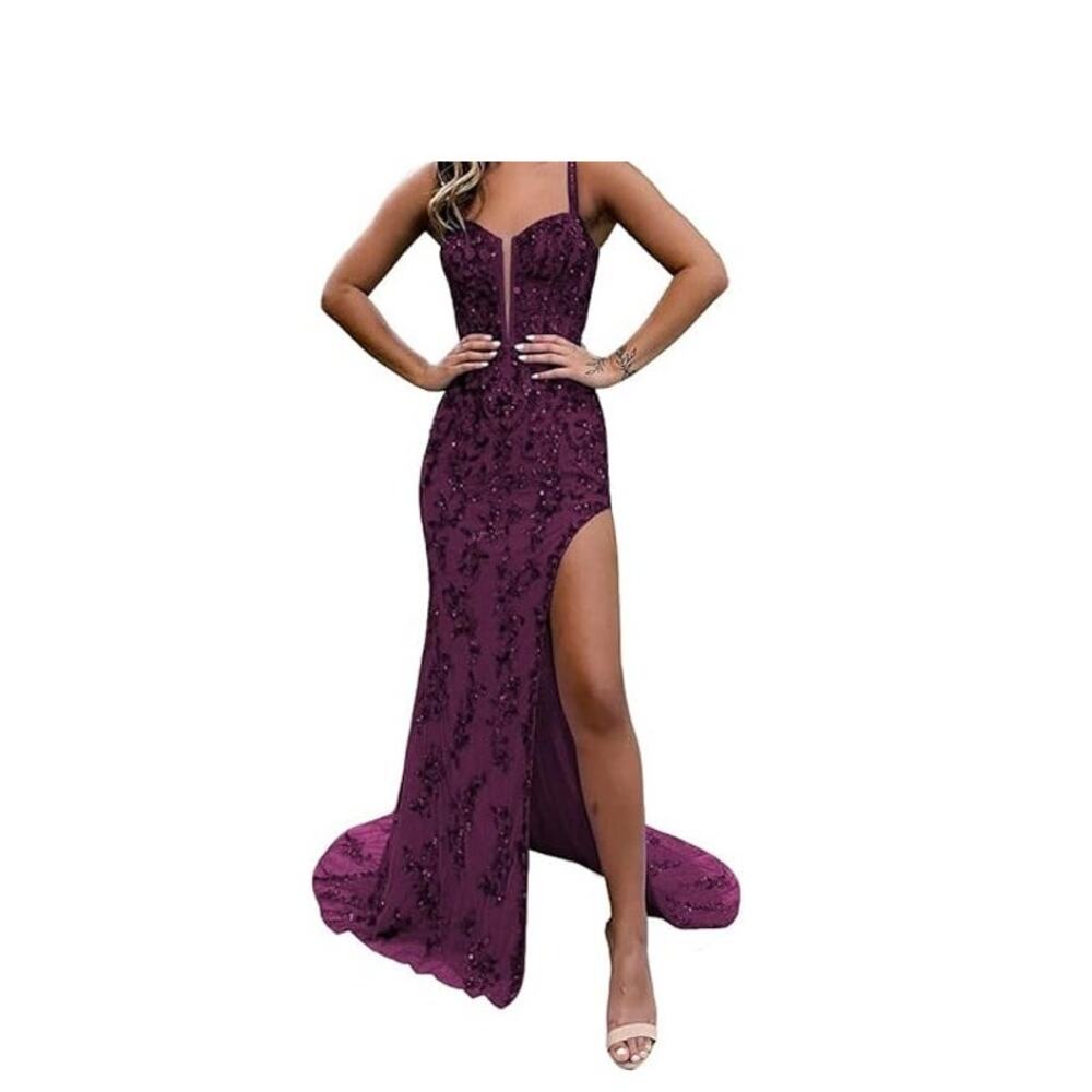 Plum Prom Dress with Slit Tulle Mermaid Formal Evening Gown with Lace Applique